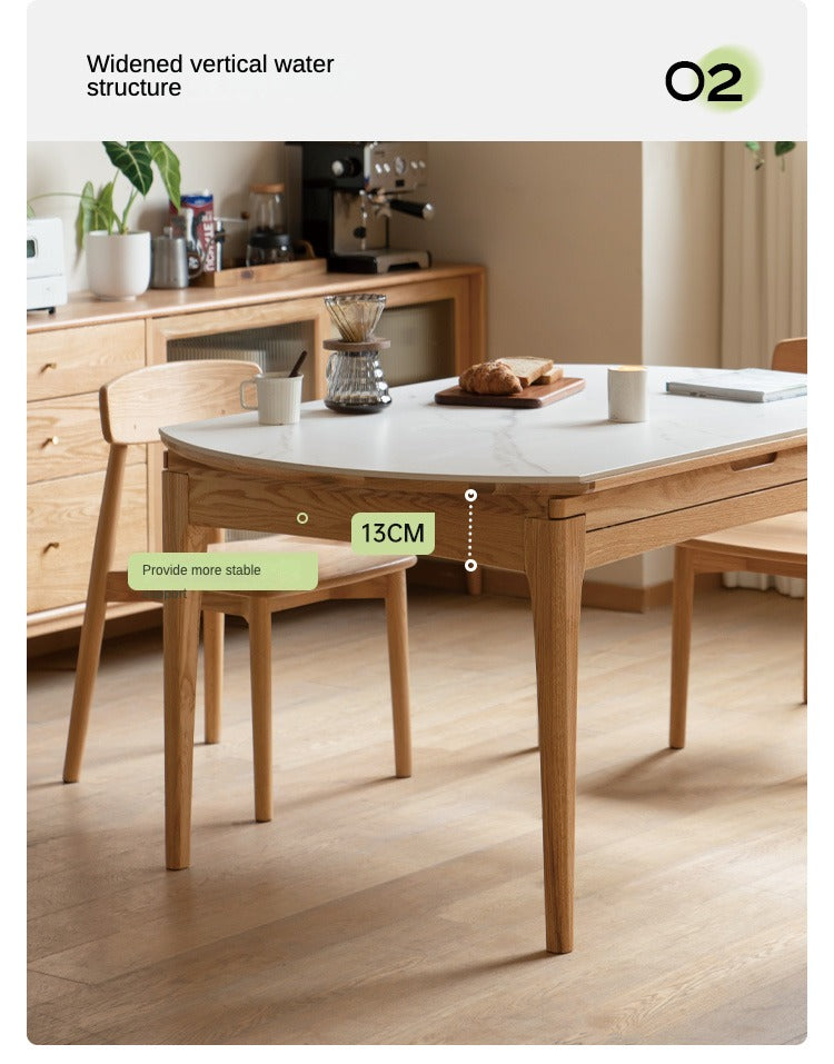Solid Oak Round Folding Dining Table with Natural Stone Slab Top - Perfect for Small Spaces, Outdoor Dining & Home Decor