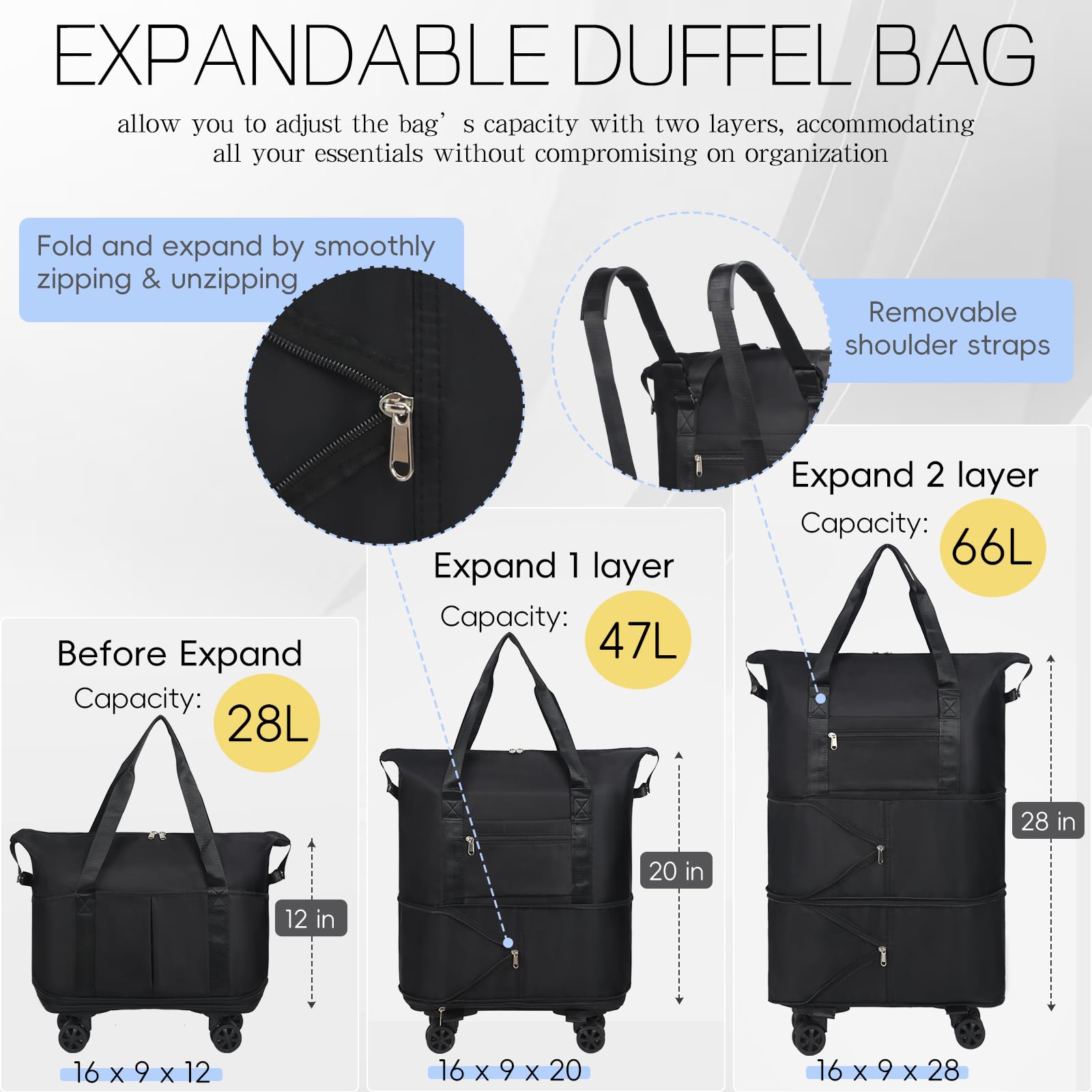 VOOWO Expandable Rolling Duffel Bag with Wheels - Large Foldable Wheeled Travel Duffle for Carry On Luggage, Overnight Weekender Bag - Perfect for Air Travel, Gym, Camping & Weekend Getaways (Black)