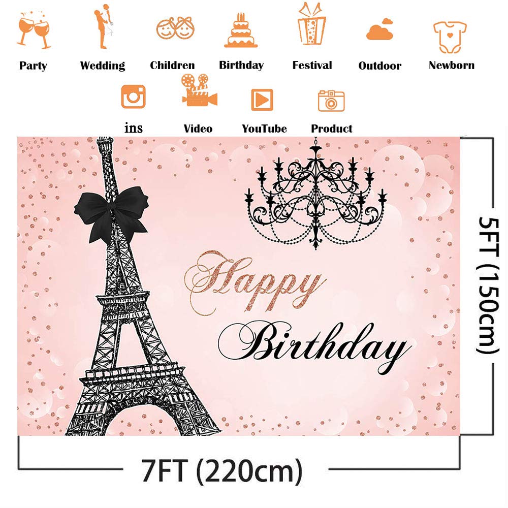 Eiffel Tower Birthday Backdrop - Pink Paris Theme Photo Booth Background for Girls & Women's Birthday Party Decor (7x5ft) | Perfect for Baby Shower, 1st Birthday, Sweet 16 & Adult Celebrations