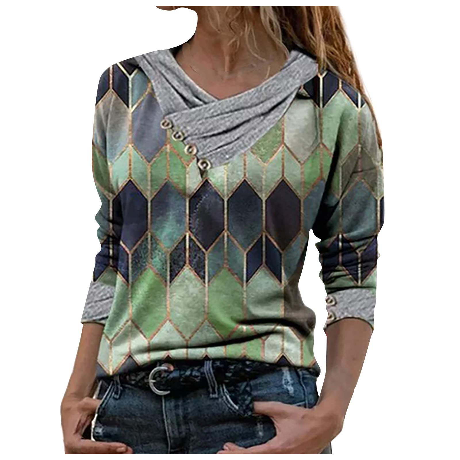 Women's Long Sleeve Plaid Print V-Neck Tunic Top - Lightweight Casual Blouse Sweatshirt for Fall & Winter | Office Wear, Layering, Daily Outfits