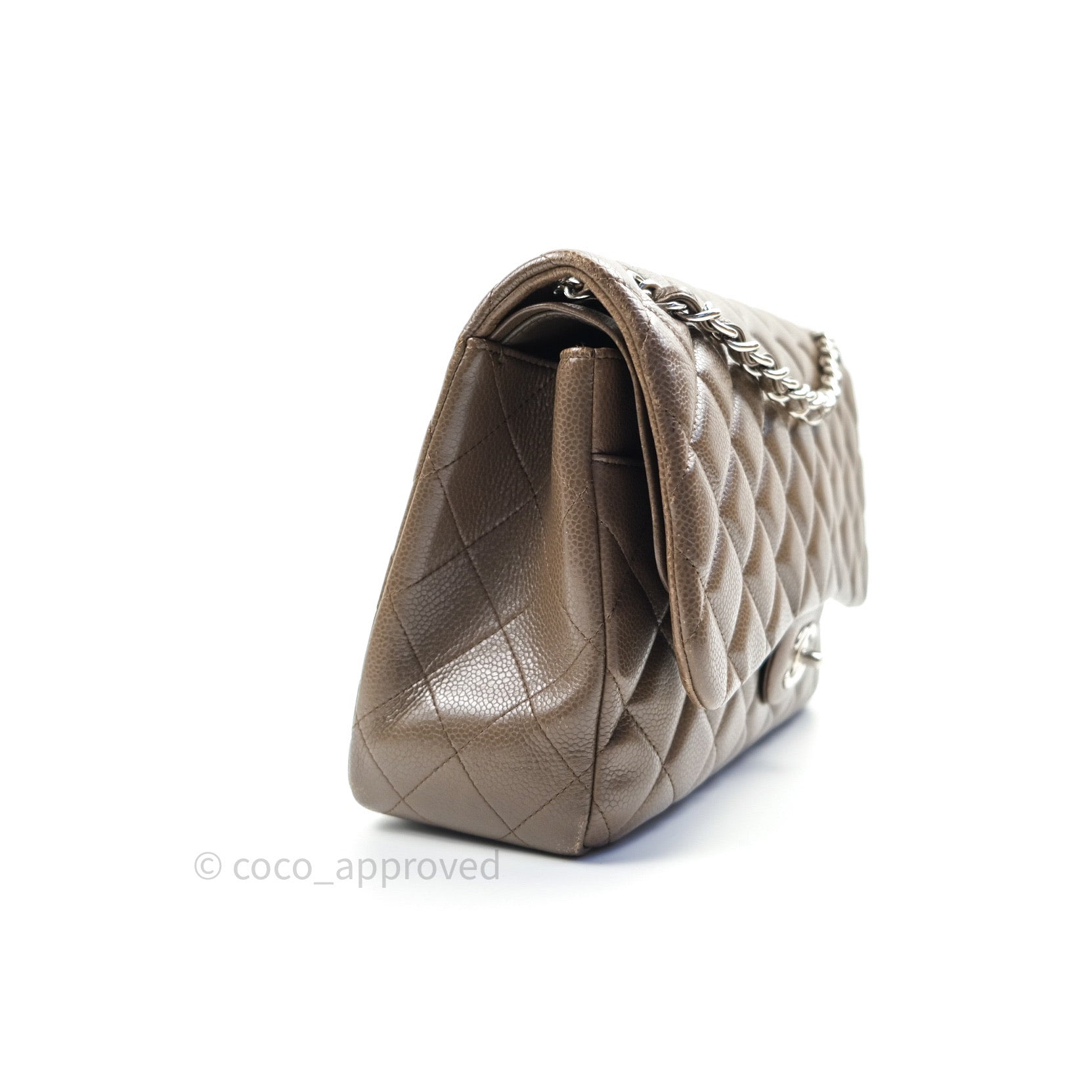 Chanel Classic Double Flap Quilted Jumbo Bag in Khaki Caviar Leather with Silver Hardware - Luxury Designer Handbag for Women, Perfect for Work, Evening Events & Everyday Use