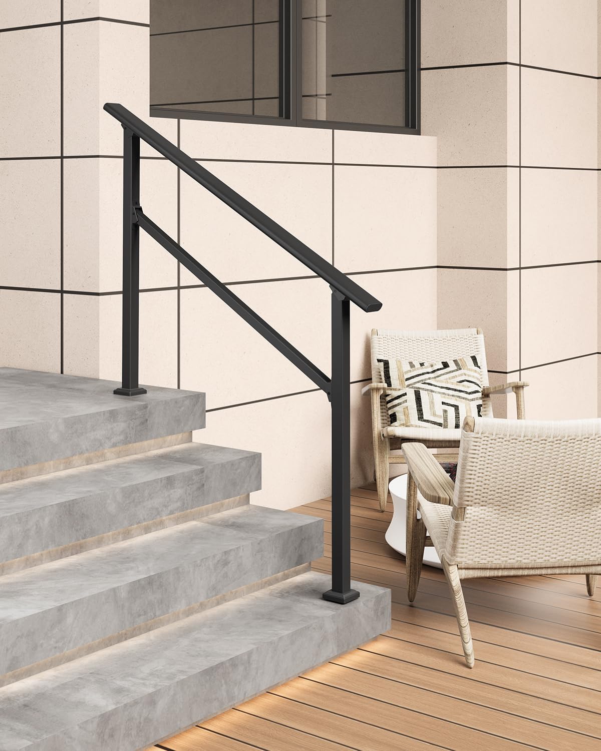 GARVEE 3-Step Outdoor Metal Handrail - Black Finish Stair Railing for Steps, Porch, Deck & Patio Safety