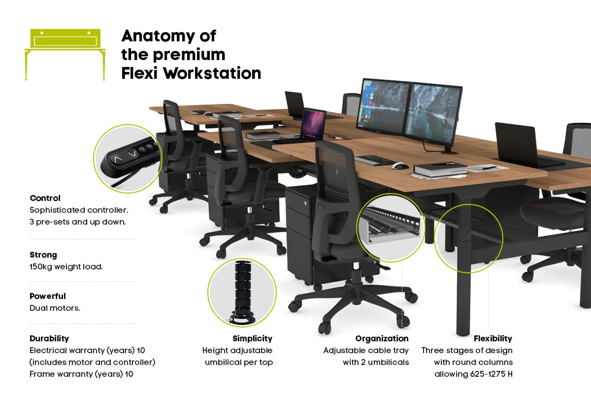 Flexi Premium Height Adjustable 6-Person H Bench Workstation - Black Frame [1800L x 800W with Cable Management] - Ideal for Office, Coworking Spaces & Home Offices