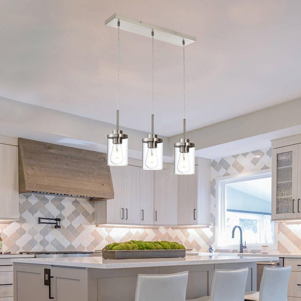 Brushed Nickel 3-Light Pendant Lighting Fixture with Clear Glass Shade - Modern Hanging Lights for Kitchen Island, Dining Room, Bar Counter & Breakfast Nook
