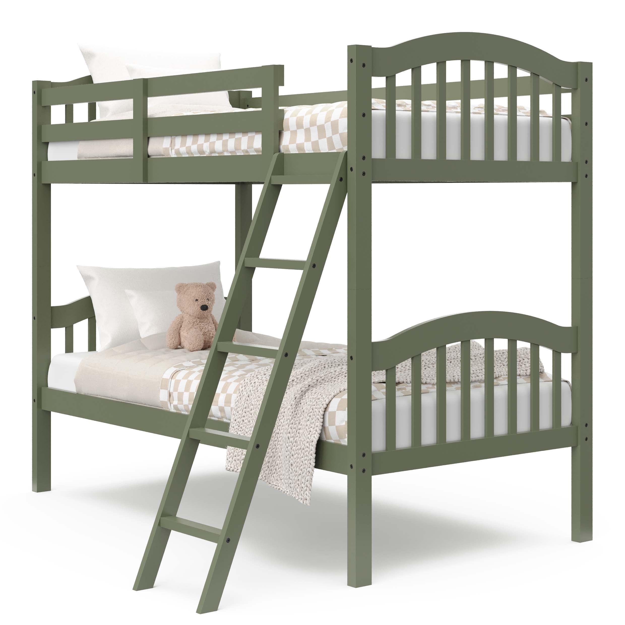 Storkcraft Long Horn Twin-Over-Twin Bunk Bed in Olive - GREENGUARD Gold Certified, Converts to 2 Separate Twin Beds, Sturdy Wood Slats, Space-Saving Kids Bunk Bed for Siblings or Sleepovers - Perfect for Small Bedrooms, Guest Rooms, and Kids' Shared Spaces