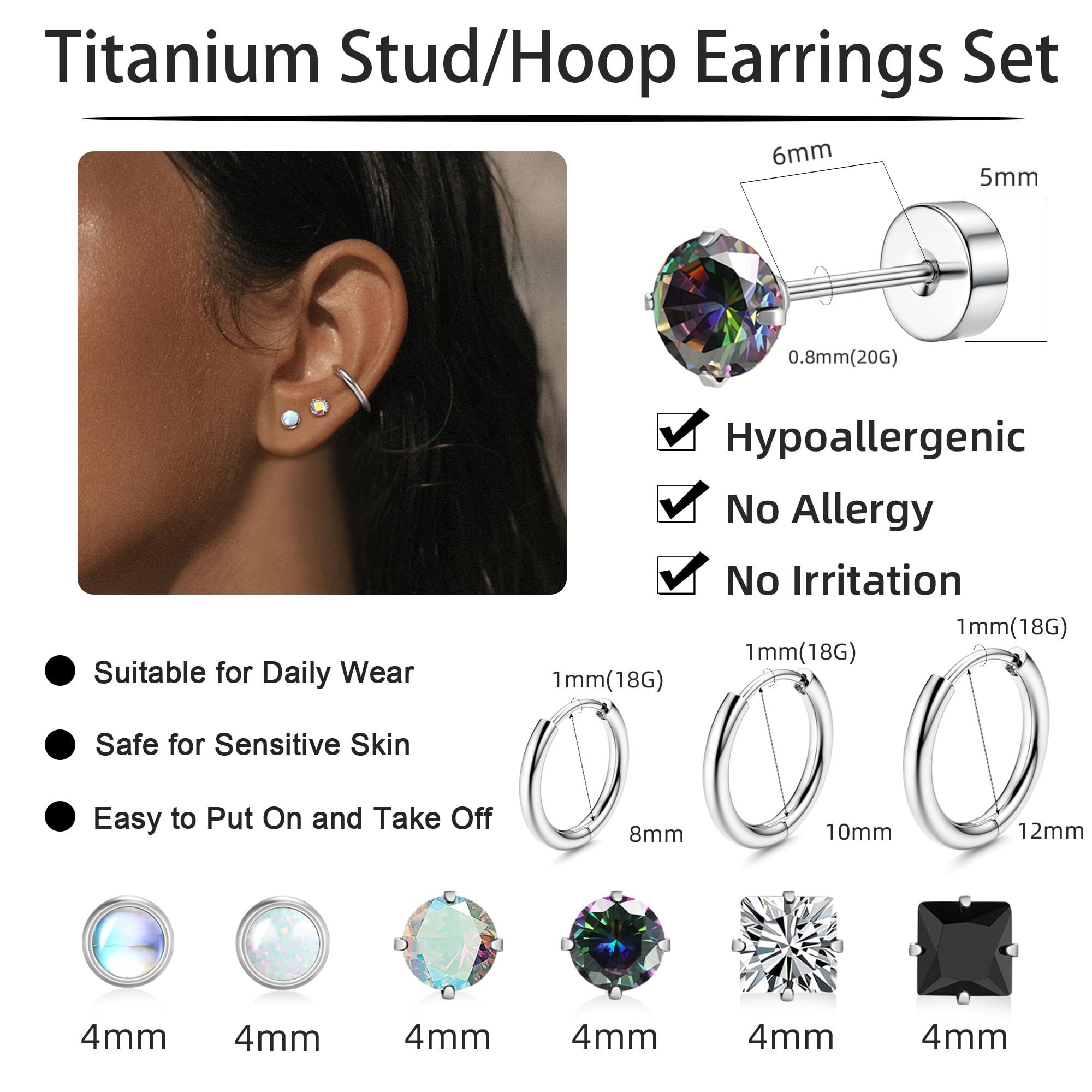 Hypoallergenic Titanium Stud Earrings for Men & Women - 20G Flat Back Opal Cubic Zirconia Cartilage Hoop Earrings for Sensitive Ears | Surgical Steel Body Jewelry for Daily Wear & Special Occasions