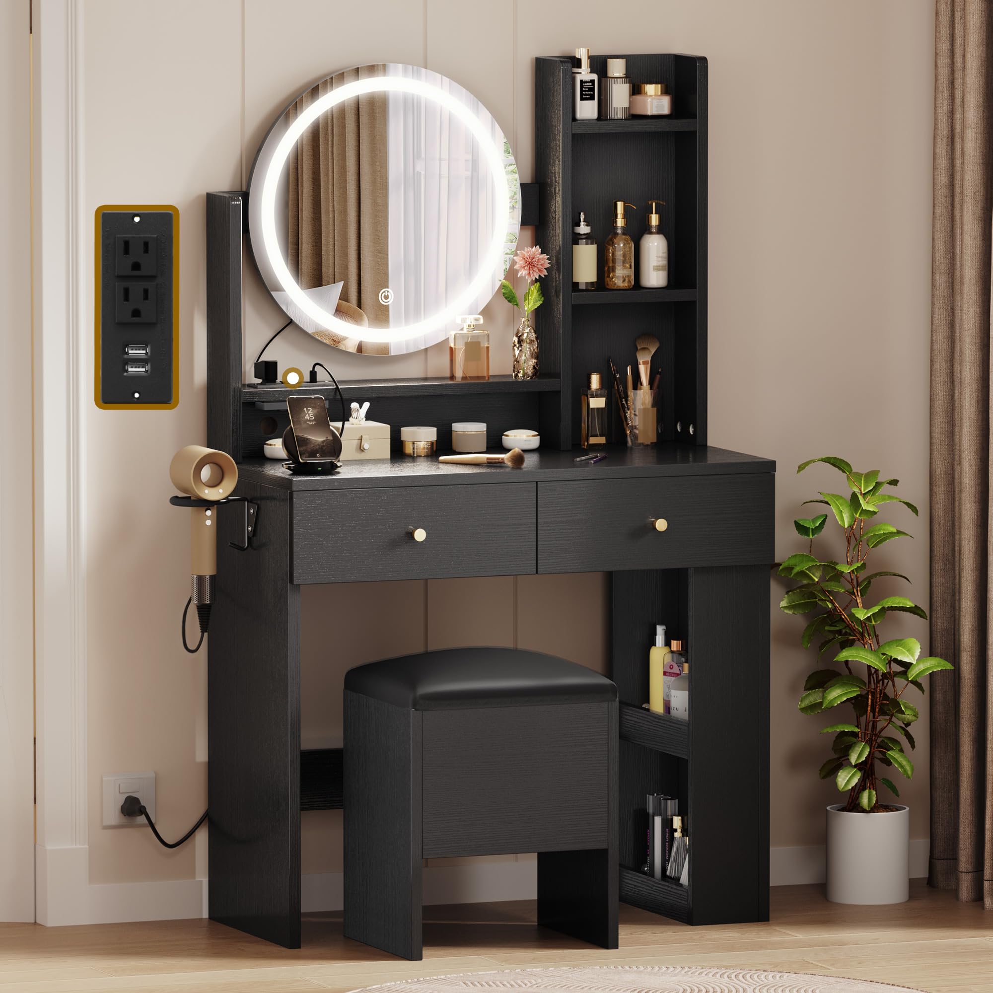 YITAHOME Makeup Vanity Desk with LED Lights & Mirror, Vanity Table Set with Power Outlets, Storage Drawer, 3 Shelves & Chair - Perfect for Bedroom, Dressing Room & Home Salon (Dark Black)