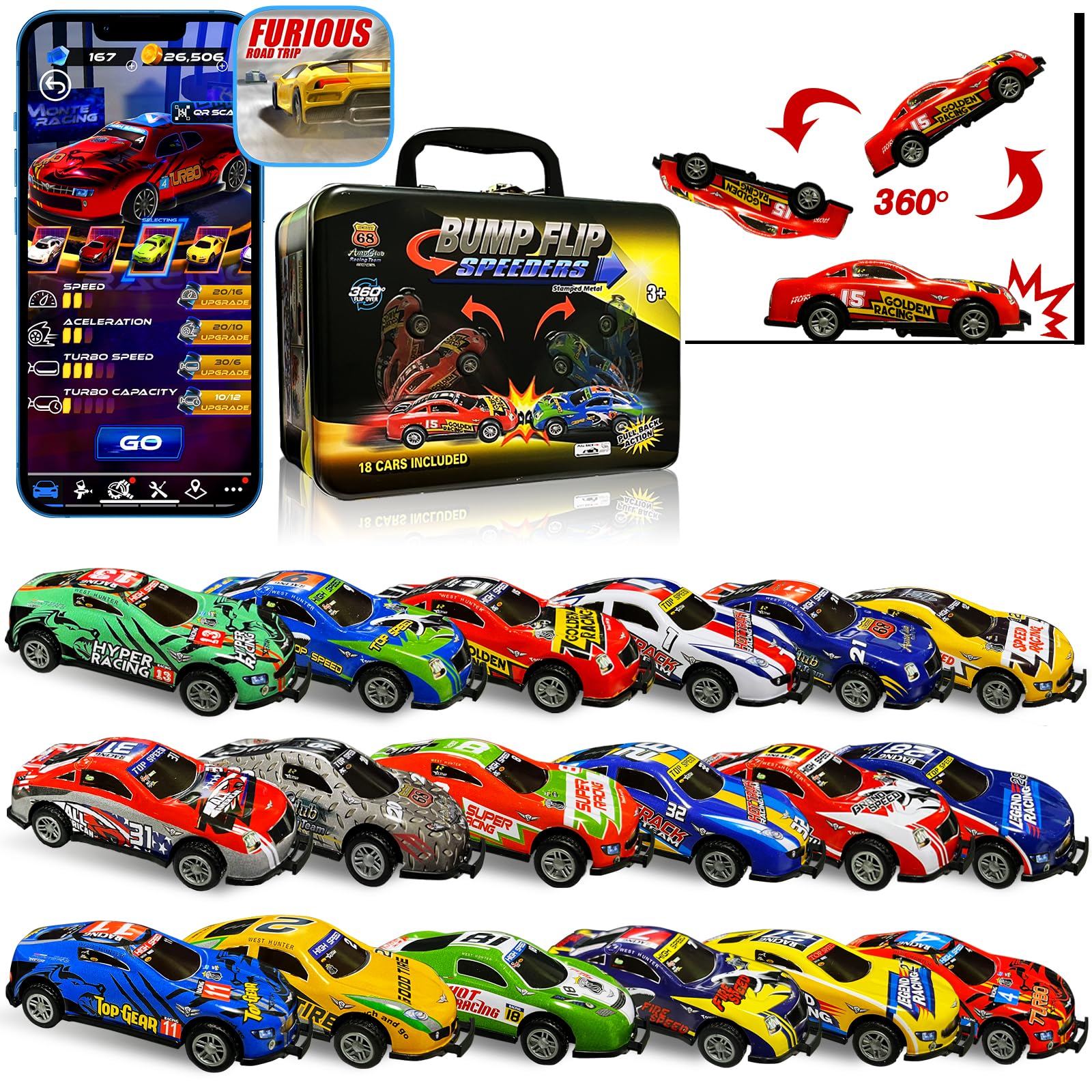 18-Piece Stunt Pull Back Cars Toys Set - 1:64 Jumping Flip Die-Cast Metal Mini Race Cars with Storage Case & Online Games - Best Gift for Kids 3+ Years (Boys & Girls) - Perfect for Birthday Parties, Playtime & Collecting