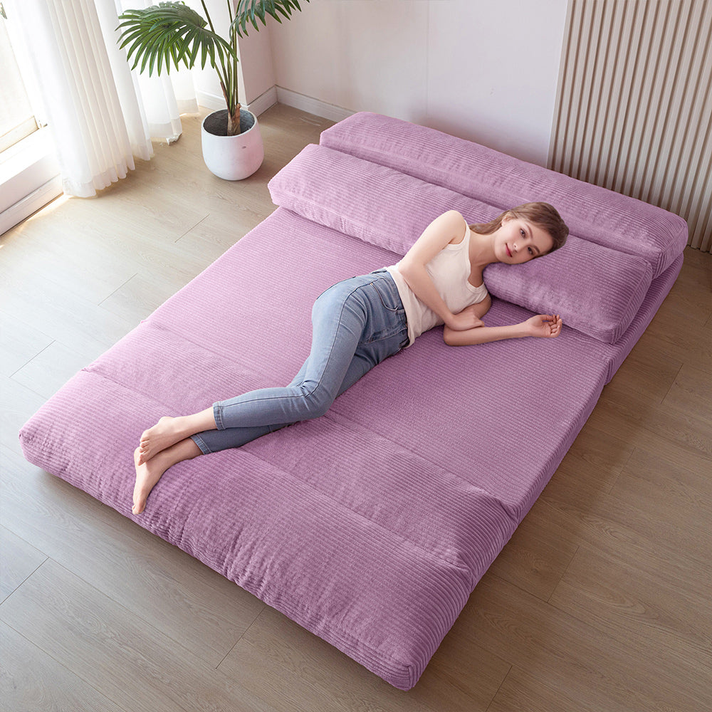 MAXYOYO Corduroy Bean Bag Folding Sofa Bed - Extra Wide Foldable Floor Mattress in Purple | Perfect for Living Room Lounging, Guest Bed & Dorm Room Comfort