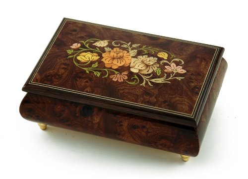 Remarkable 30-Note Solid Burl Wood Musical Jewelry Box with Elm Floral Inlay - Plays La Vie En Rose & Multiple Songs - Perfect for Gift Giving, Jewelry Storage & Home Decor