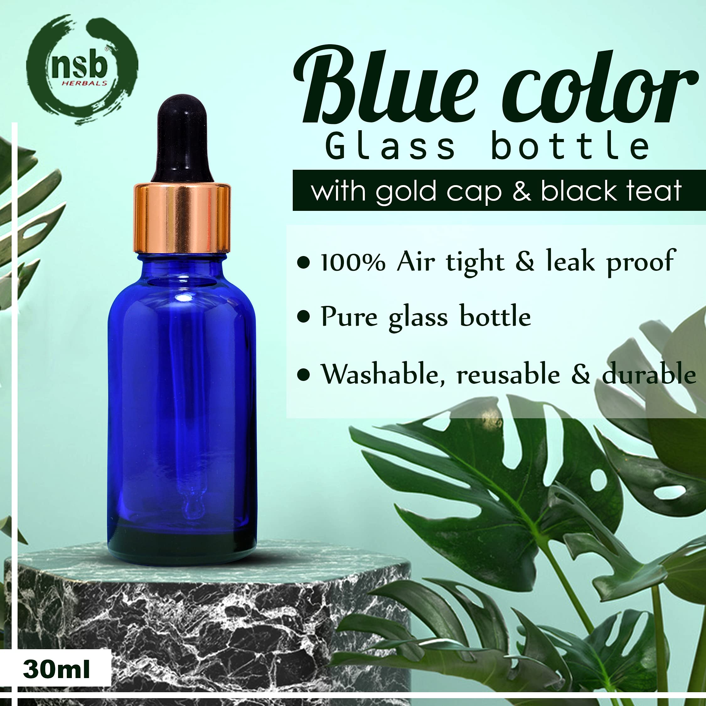 NSB Herbals 30ml Blue Round Empty Glass Bottle with Glass Dropper, Gold Ring & Black Silicone Teat - Refillable, Reusable, Leakproof Essential Oil Bottles for Aromatherapy, Perfume Making & DIY Beauty (Pack of 3)