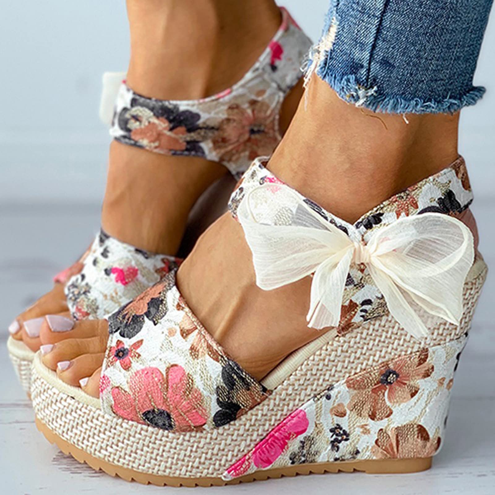 Trendy Women's Open Toe Tie-Up Espadrille Wedge Sandals with Floral Design - Comfortable Slide Wedges for Summer Beach, Vacation & Casual Outfits