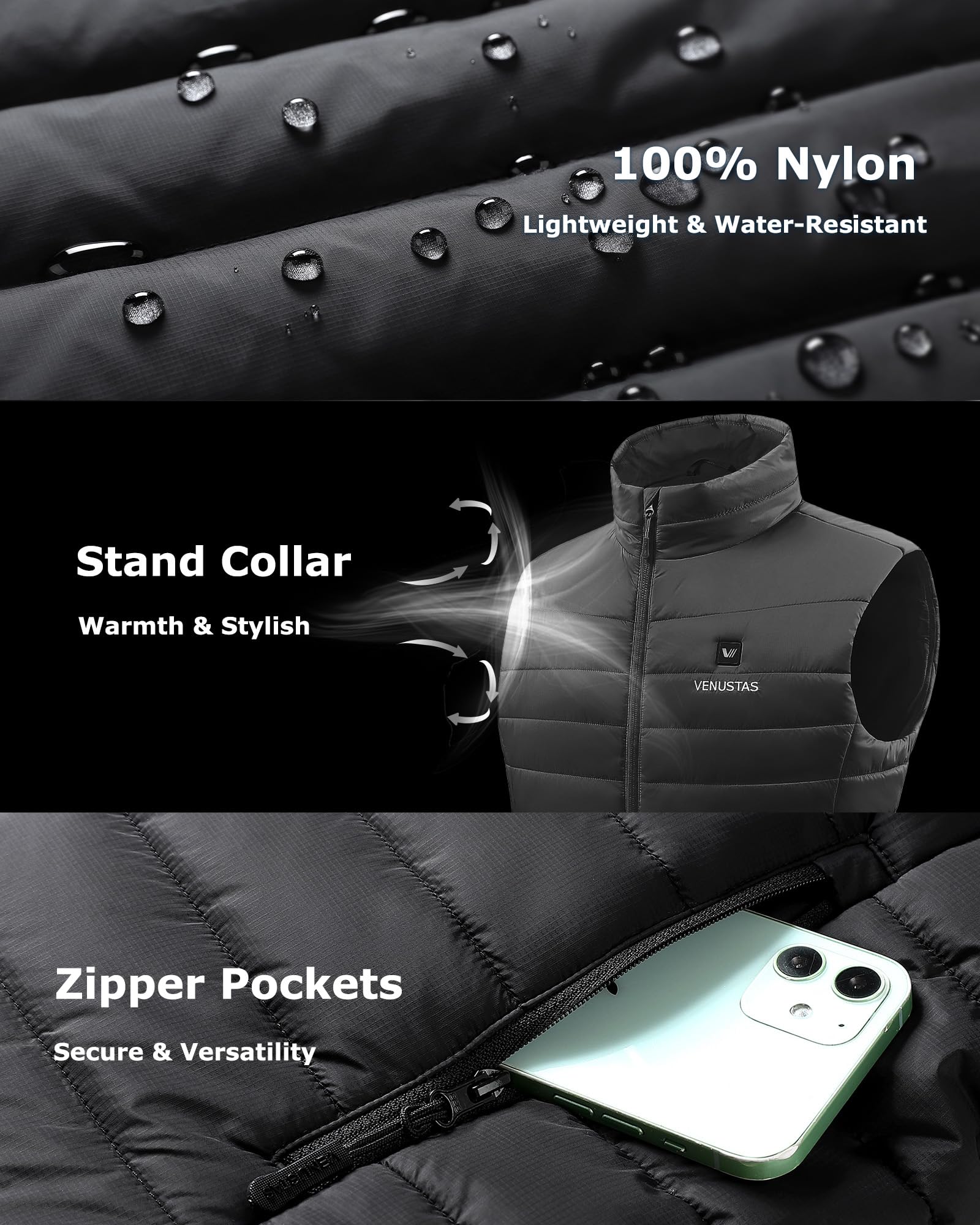 Venustas Men's Heated Vest with Rechargeable Battery - 20 Hours Heating, Winter Quilted Jacket for Outdoor Activities, Hunting, Hiking & Camping