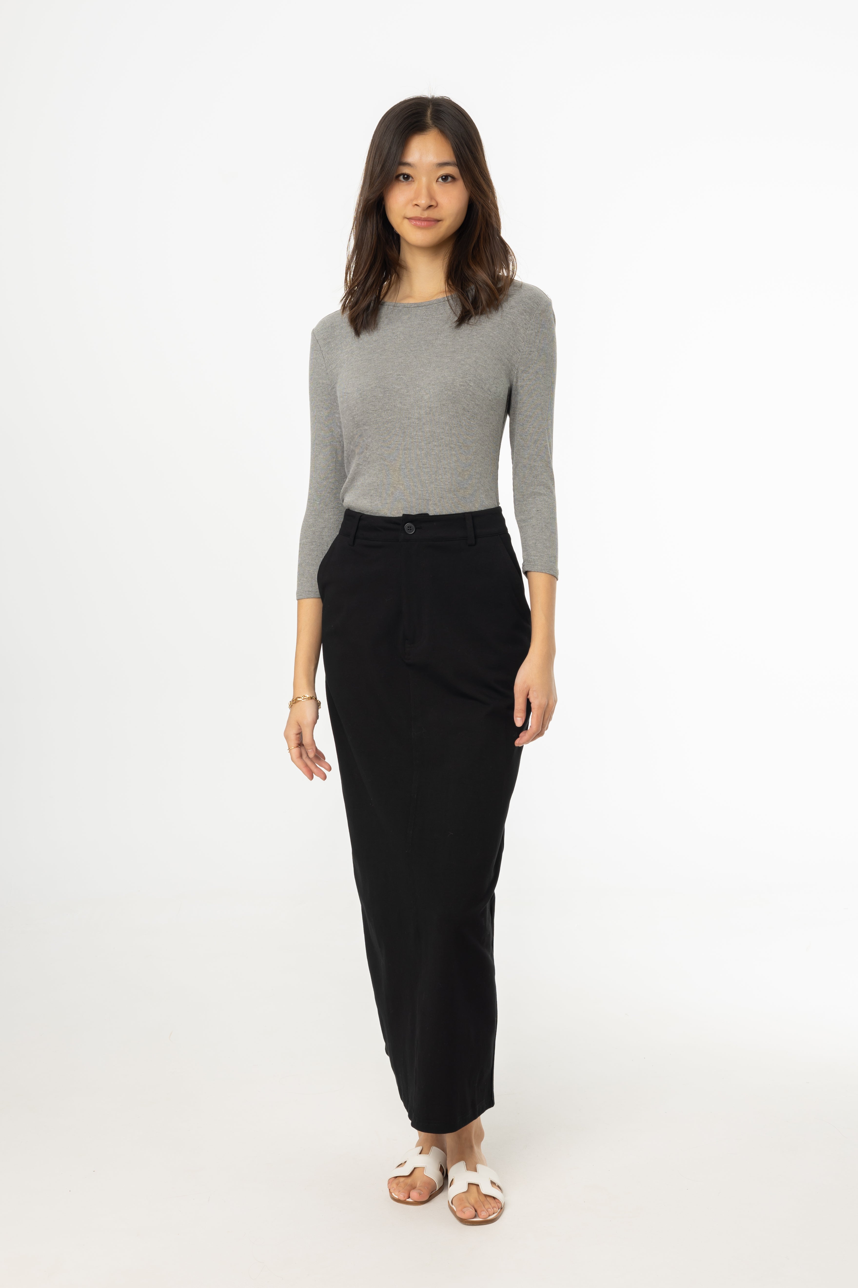Black Stretch Cotton Maxi Skirt for Women - Comfortable High Waist Long Skirt with Pockets - Perfect for Casual Wear, Beach, Travel & Summer Outfits
