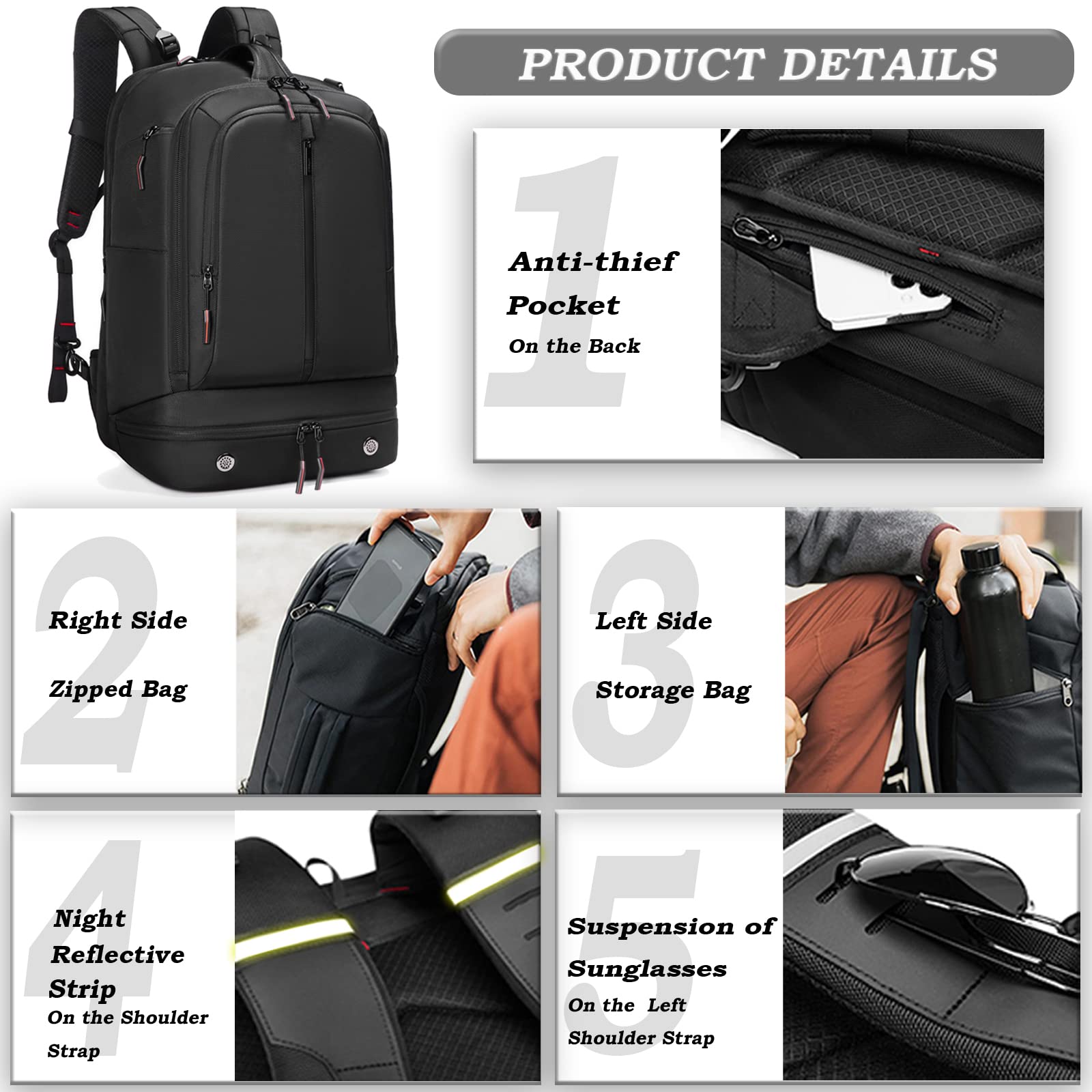 Somago 33L Waterproof Anti-Theft Laptop Backpack for 16 Inch Laptop - Durable Travel Backpack with Shoe Compartment & Luggage Strap for Men & Women (Black) - Perfect for Business Trips, College & Daily Commute