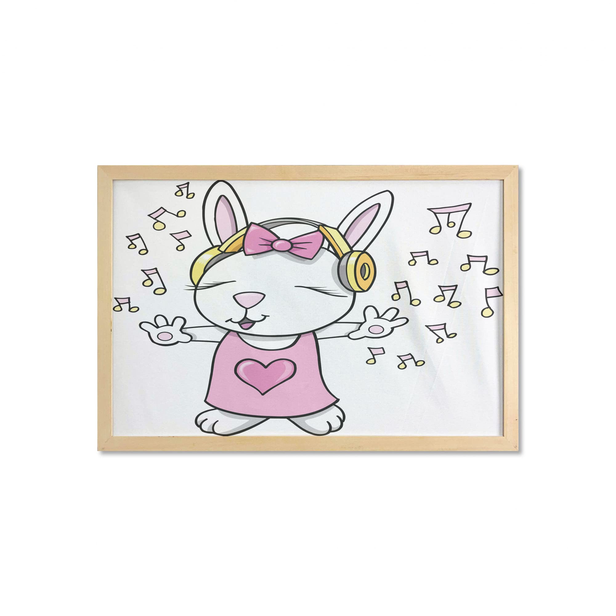 Ambesonne Bunny Wall Art with Frame - Rock Star Rabbit Animal Speakers Music Notes Cartoon Print, Pale Pink Yellow, 35