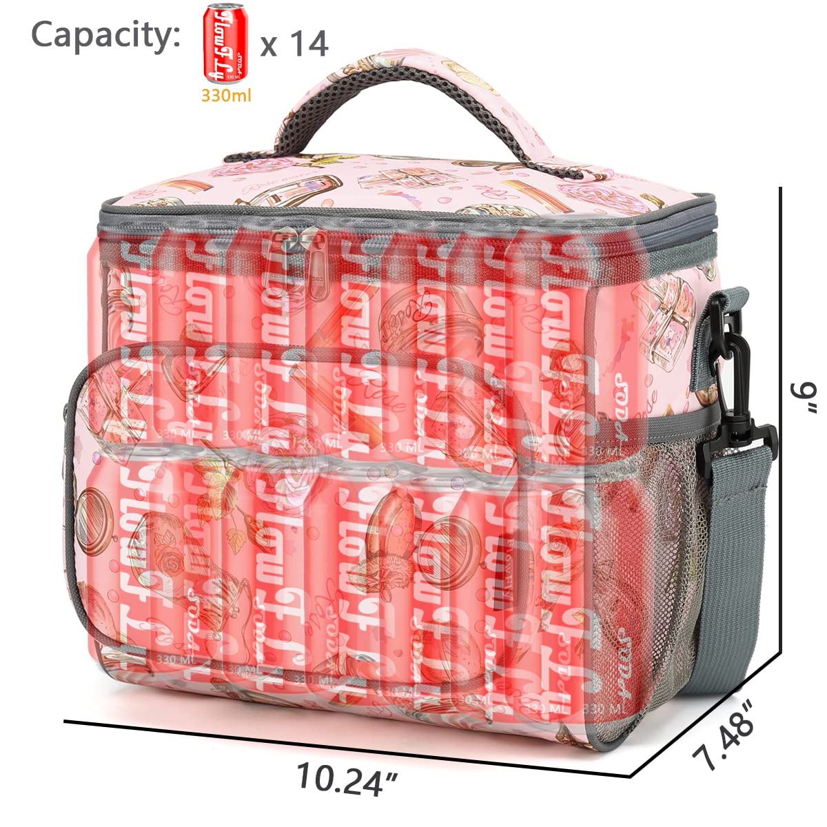 FlowFly Insulated Reusable Lunch Bag for Adults - Large Lunch Box with Adjustable Shoulder Strap, Front Zipper Pocket & Dual Mesh Side Pockets - Perfect for Work, School, Picnics & Travel (Rose)