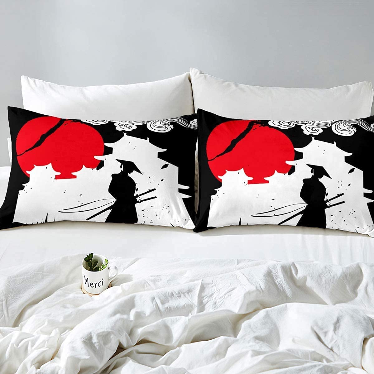 Erosebridal Samurai King Size Comforter Set - Sunset Print Down Alternative Quilt, Japanese Ukiyoe Duvet Cover with Building Silhouette Design | Ultra Lightweight & Breathable Bedding | Perfect for Modern, Asian-Inspired & Zen Bedroom Decor