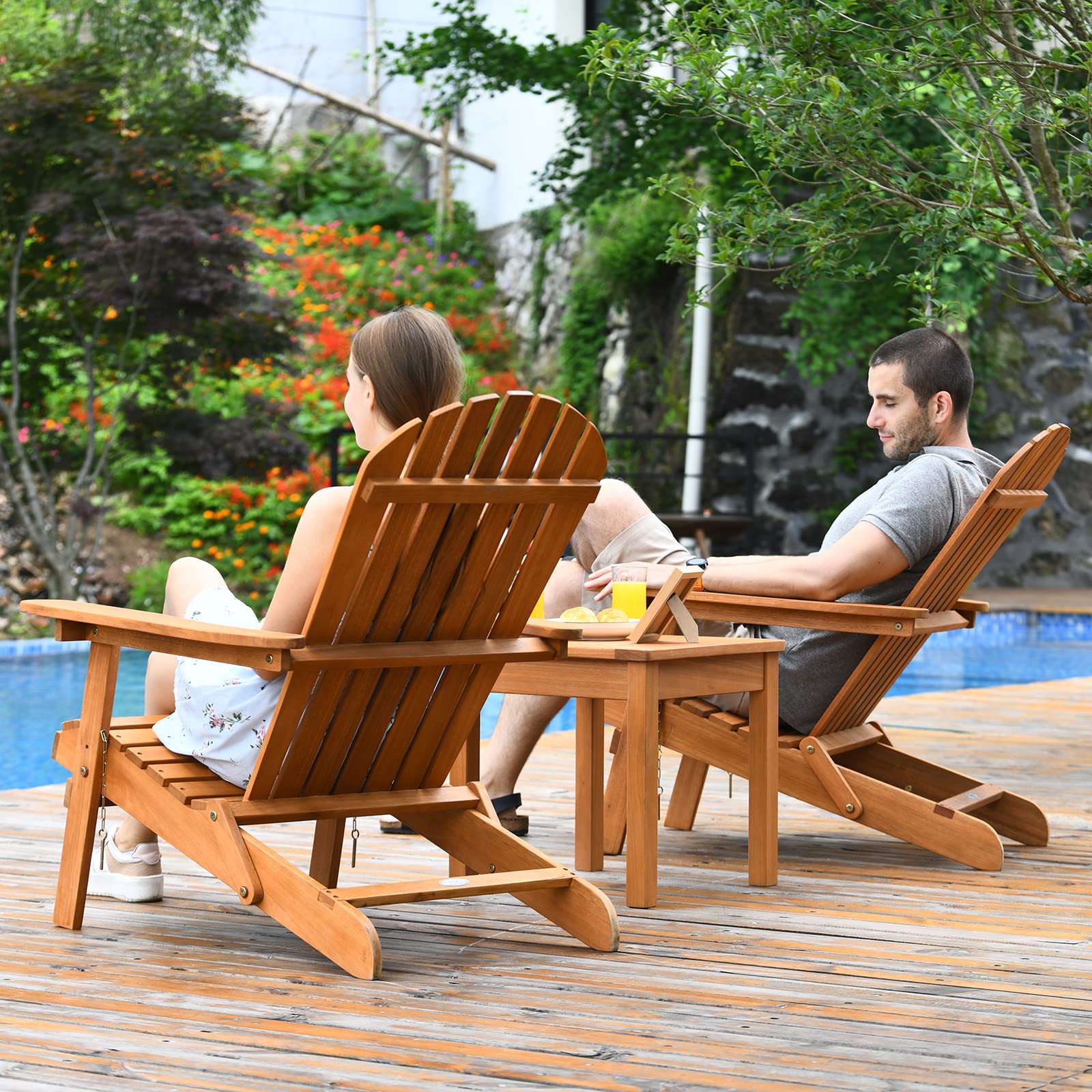 Giantex 3-Piece Foldable Adirondack Chair Set with Side Table - Wide Armrests, Sturdy Eucalyptus Wood Frame - Outdoor Patio, Poolside & Garden Lounge Furniture for Relaxing