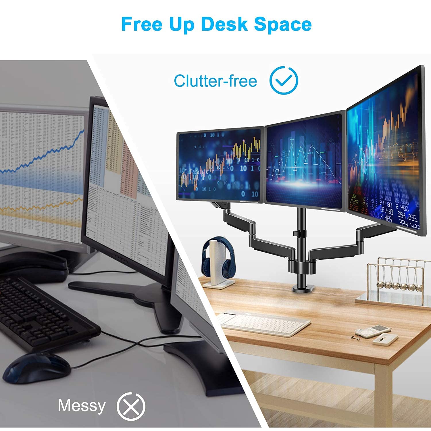 MOUNT PRO Triple Monitor Stand for 13-27 Inch Screens & Dual Monitor Wall Mount for 13-32 Inch Displays - Heavy Duty Monitor Arm Holds 17.6 lbs Each - VESA 75x75 & 100x100 Compatible - Perfect for Home Office, Gaming Setup & Workspace Ergonomics