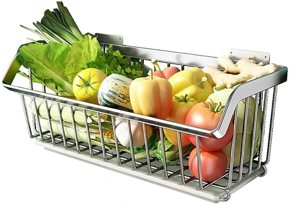 Stainless Steel 1-Tier Wall Mounted Fruit and Vegetable Basket - Drained Kitchen Storage Rack for Fruits, Veggies, Sponges - Perfect for Small Kitchens, Bathrooms & Pantries (Large, Silver)
