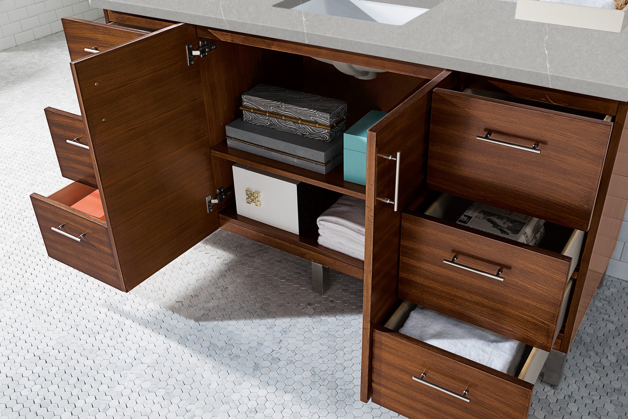 Metropolitan 60 Inch Single Bathroom Vanity with 3CM Eternal Serena Quartz Top in American Walnut - Perfect for Modern Master Bathrooms & Powder Rooms