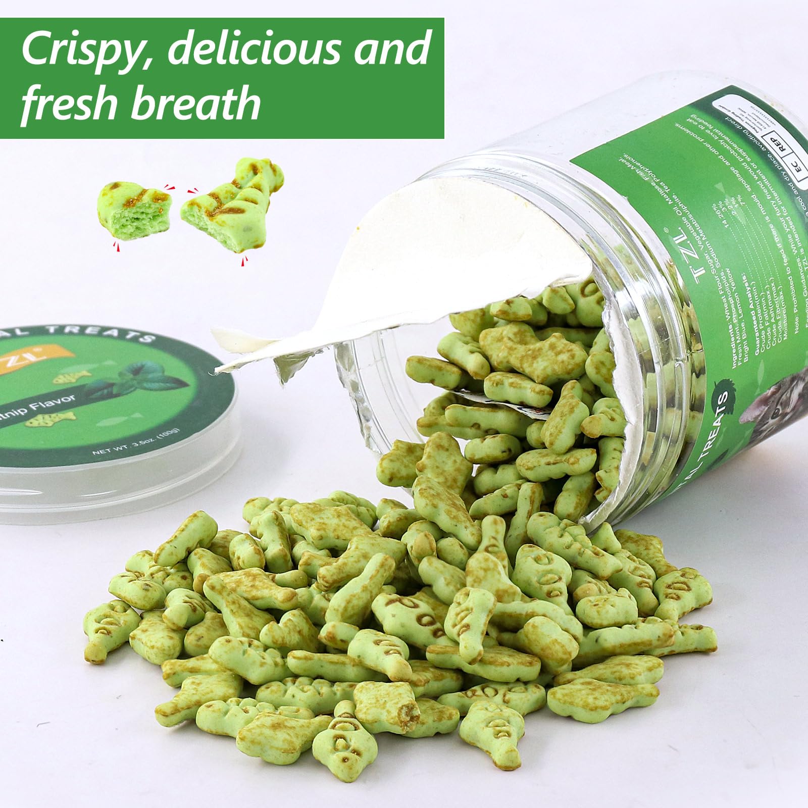 **TZL Crunchy Fish-Shaped Cat Treats – Natural & Delicious Catnip-Flavored Snacks for Kittens & Adult Cats – 3.5 oz Tub – Perfect for Training, Rewards & Playtime**