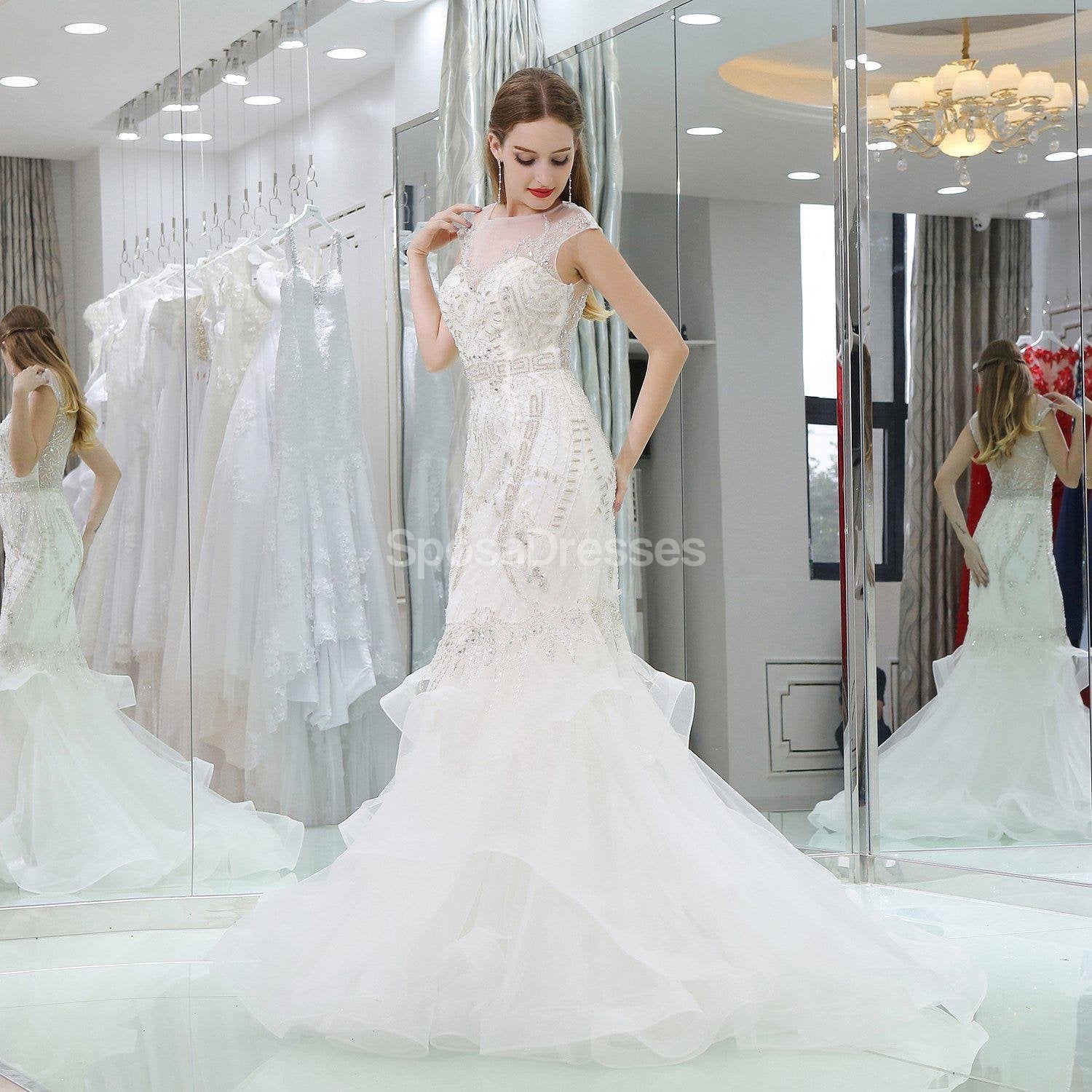 Sparkling Cap Sleeve Rhinestone Mermaid Wedding Dress - Elegant A-Line Bridal Gown for Beach/Church Ceremony (WD583) | Perfect for Romantic Outdoor Weddings & Formal Receptions