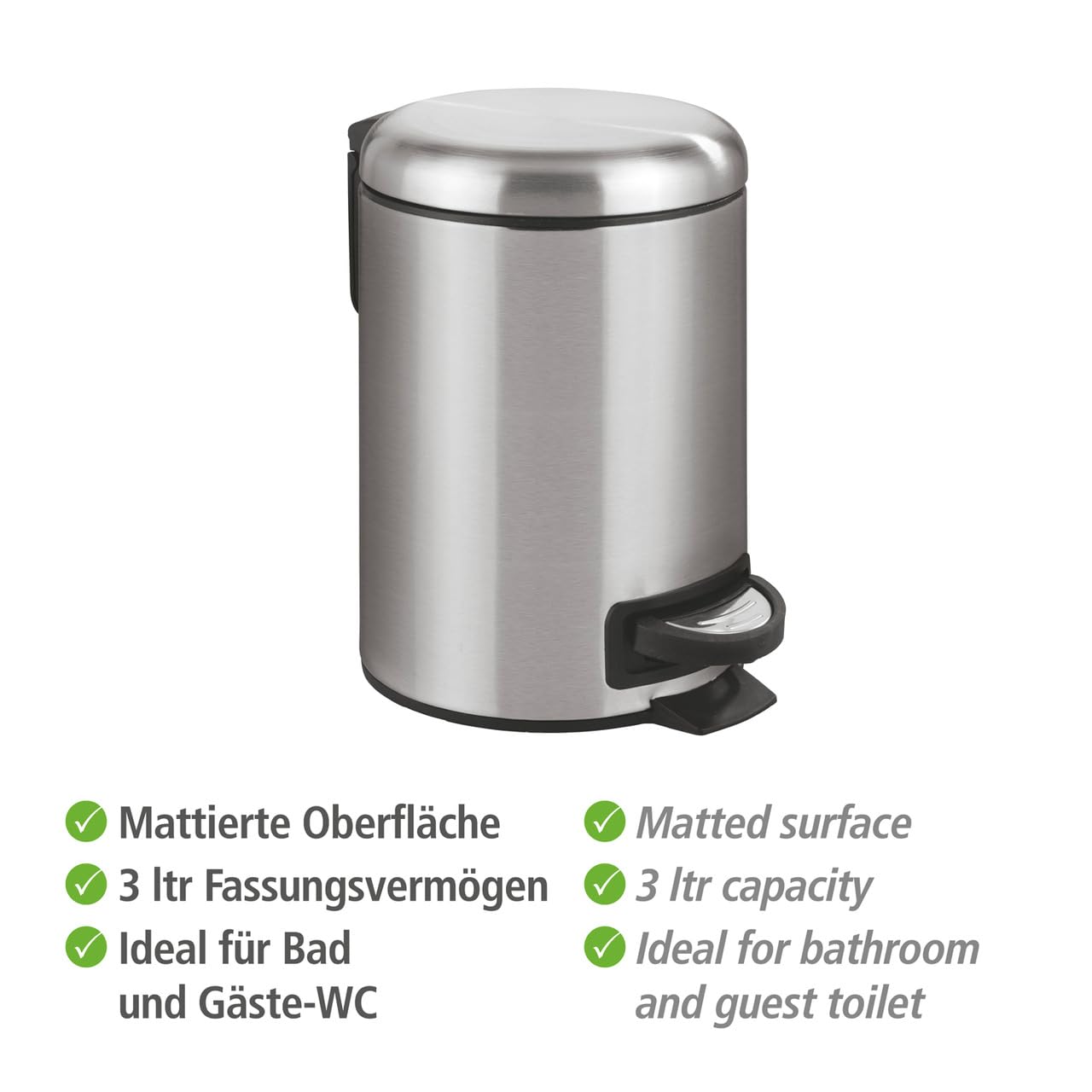 WENKO 0.79 Gallon Stainless Steel Small Trash Can with Lid & Foot Pedal - Bathroom & Office Garbage Bin with Removable Inner Bucket, Easy Close Design (9.84 x 8.86 x 6.69 Inches, Silver) - Perfect for Bathrooms, Bedrooms, Home Offices & Small Spaces