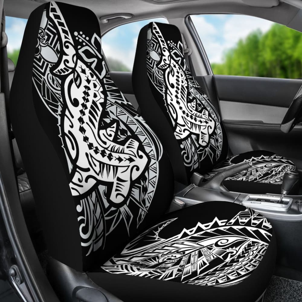 Premium Black & White Hawaiian Polynesian Shark Tattoo Design Car Seat Covers - Waterproof & Non-Slip for Trucks, SUVs, Sedans - Perfect for Beach Trips, Surfing Adventures & Tropical Themed Vehicles