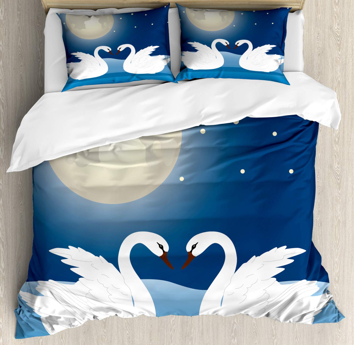Ambesonne Swans Duvet Cover Set - Romantic Moonlight Sky Design, 3-Piece King Size Bedding with 2 Pillow Shams in Cream & Dark Sky Blue | Perfect for Master Bedroom, Guest Room & Romantic Decor