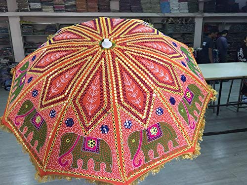 Handmade Indian Elephant Boho Umbrella - Cotton Embroidered UV Protection Sun Parasol for Beach, Wedding & Bohemian Decor | Hippie Gypsy Style (Red Embroidery)