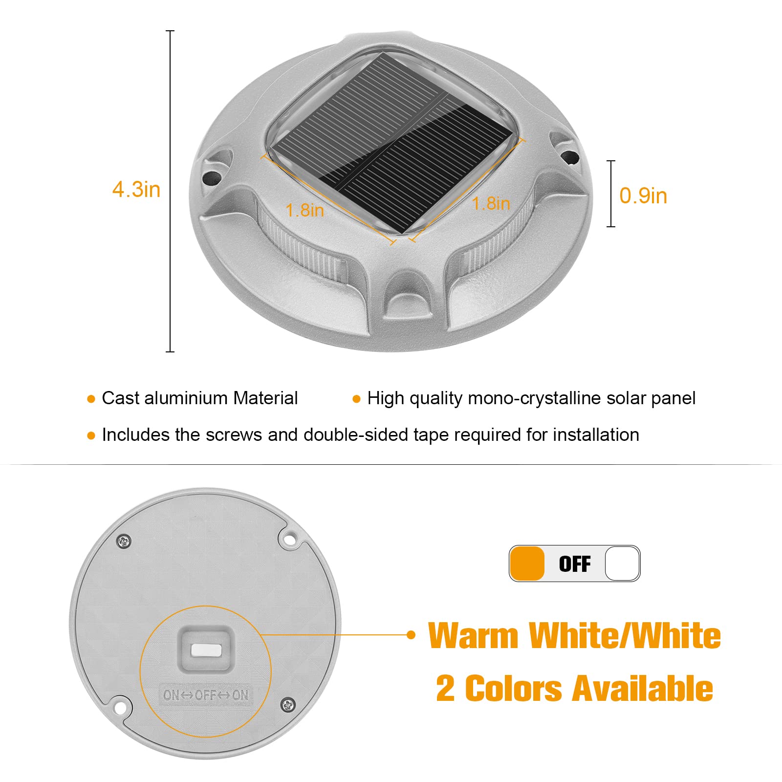 VOLISUN 12 Pack Solar Driveway Lights - 2 Color LED Deck Lights (White/Warm White) | Waterproof Outdoor Solar Step Lights for Driveway, Sidewalk, Pathway, Dock & Marine Use | Perfect for Night Safety & Landscape Lighting