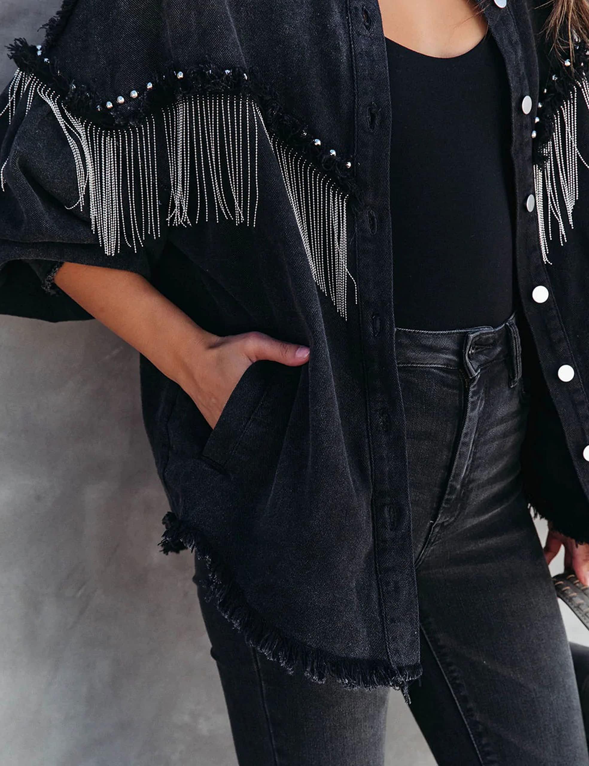 Daacee Women's Oversized Fringe Denim Jacket - Distressed Rhinestone Embellished Shacket Coat for Western Cowgirl Outfits | Perfect for Country Concerts, Rodeo Events & Boho Fashion Looks
