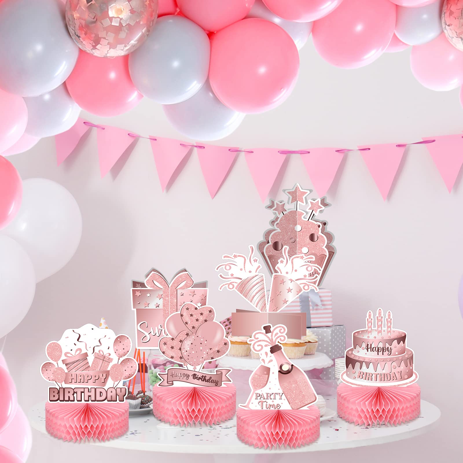 9 Pack Pink Rose Gold Honeycomb Table Decorations - Double Sided Birthday Party Centerpieces for Women & Girls - Perfect for Birthday Decor, Baby Showers, Bridal Showers & Photo Booth Props