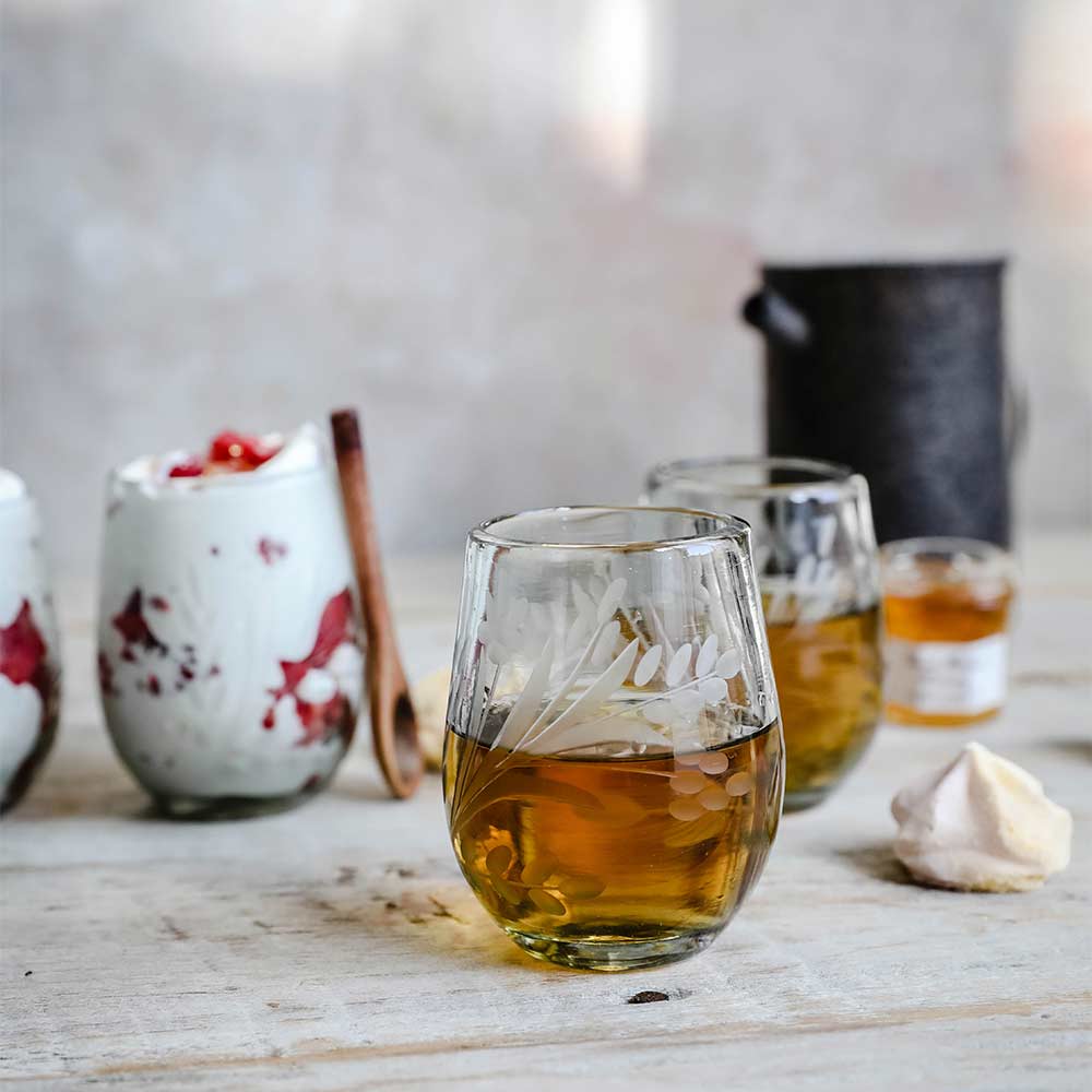 Hand-Etched Floral Recycled Glassware Set - Eco-Friendly Drinking Glasses for Cocktails, Wine & Juice - Perfect for Parties, Weddings & Home Decor