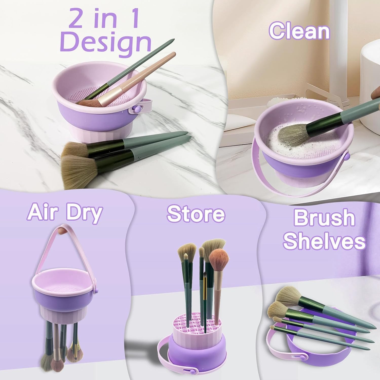 Foldable 3-in-1 Makeup Brush Cleaning Bowl with Handle - Portable Travel Beauty Brush Scrubber, Reusable Cleaner Mat & Dryer Tray | Perfect for Home, Salon & Travel Makeup Brush Care