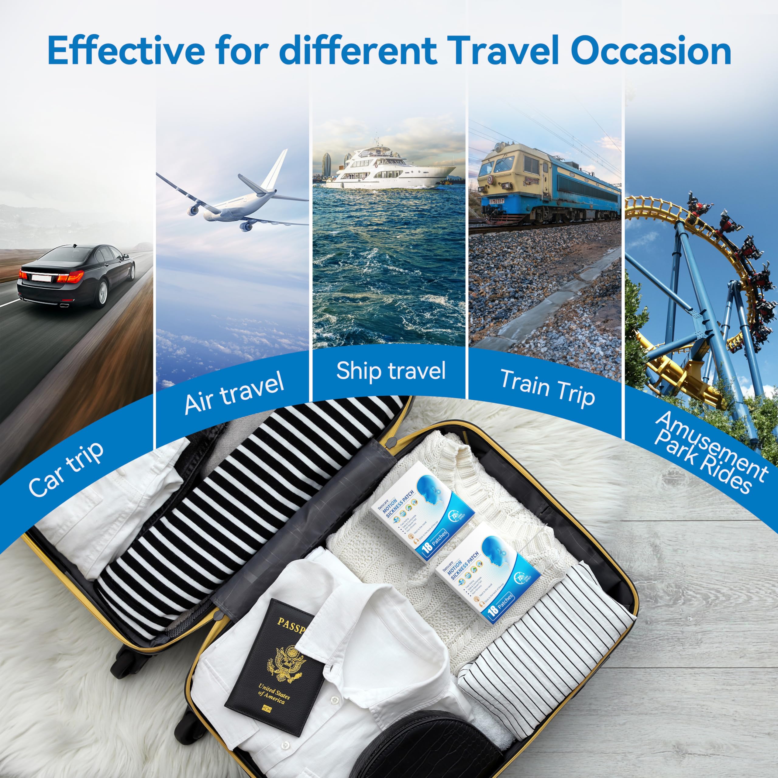 Motion Sickness Relief Patches - 18 Count for Cruise, Car, Airplane & Amusement Park - Natural Nausea & Dizziness Relief for Adults & Kids - Travel Essential for Motion Vertigo & Sea Sickness (Perfect for Long Trips, Roller Coasters & Boat Rides)