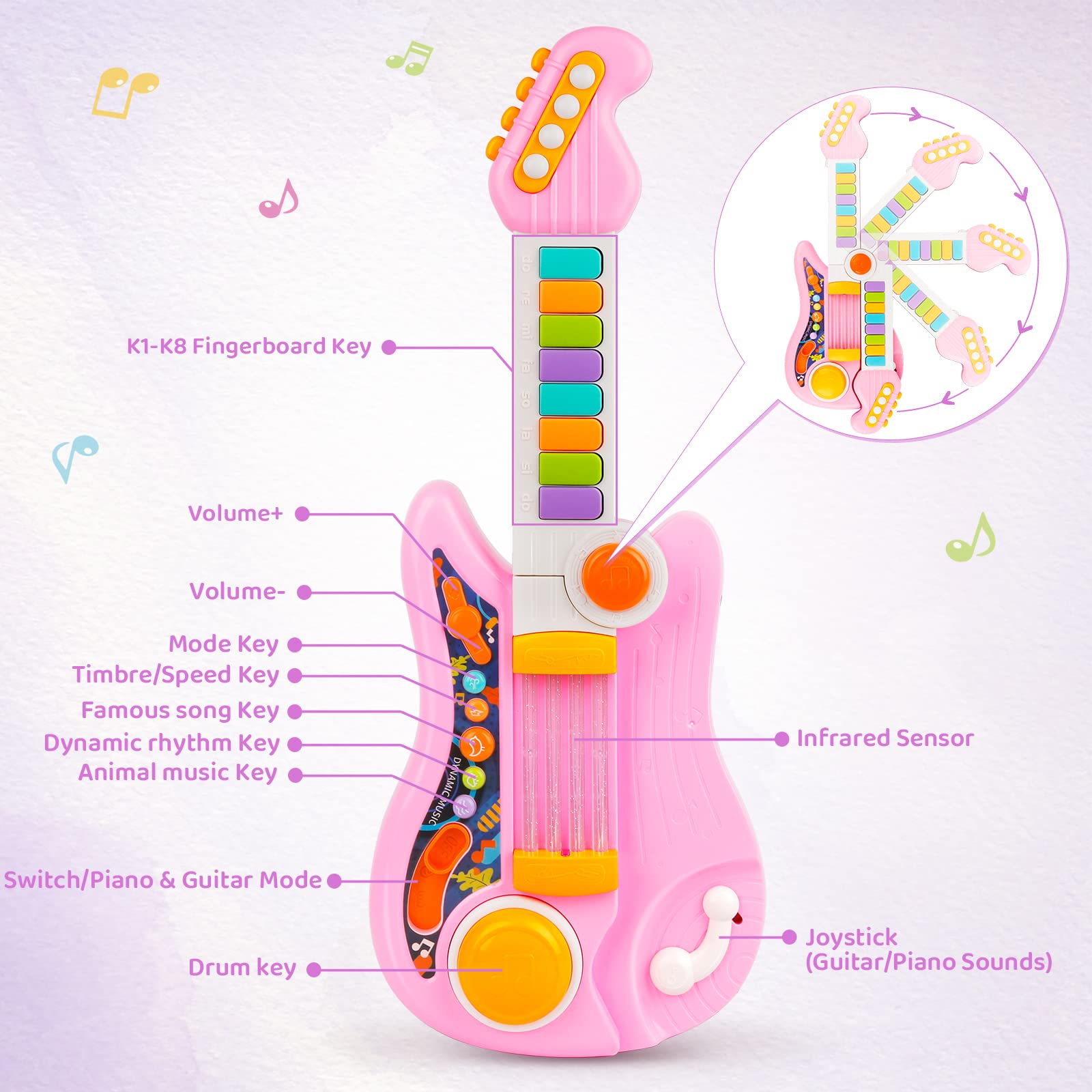2-in-1 Kids Electric Guitar & Piano Toy with Adjustable Strap - Musical Instrument Gift for 3-5 Year Old Girls & Boys (Pink) | Perfect for Birthday Gifts, Early Music Education & Pretend Play