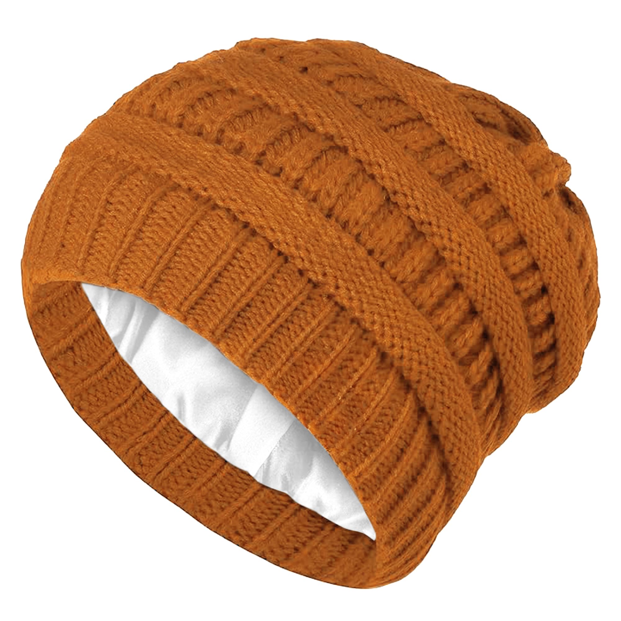 Locsanity Handmade Satin Lined Winter Knit Beanie for Women & Men - Soft Warm Hat for Cold Weather - Tan Beanie for Outdoor Activities, Skiing & Snowboarding