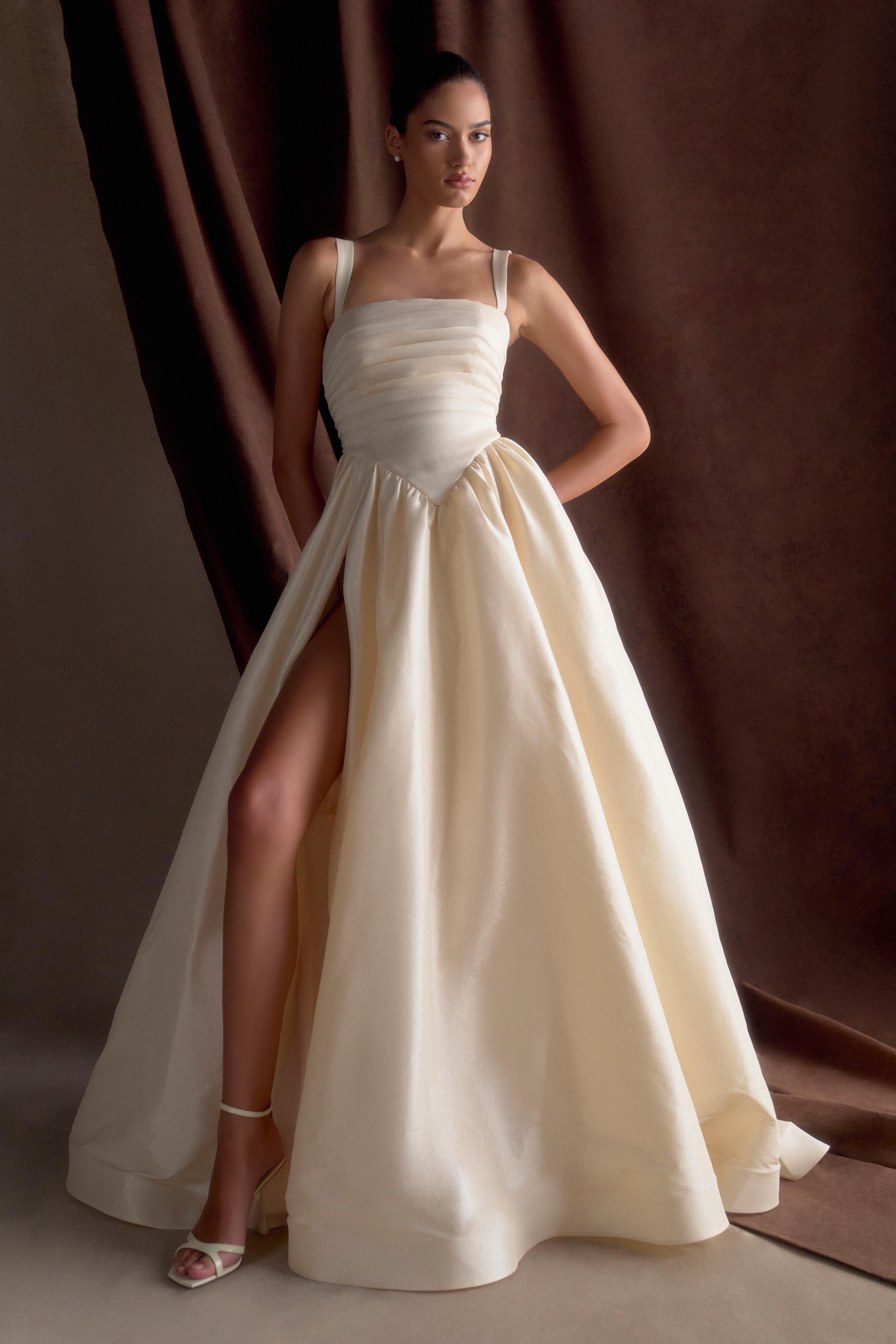 Carla Ruched Gown - Elegant Cream Ivory Evening Dress for Women | Perfect for Weddings, Prom & Formal Events