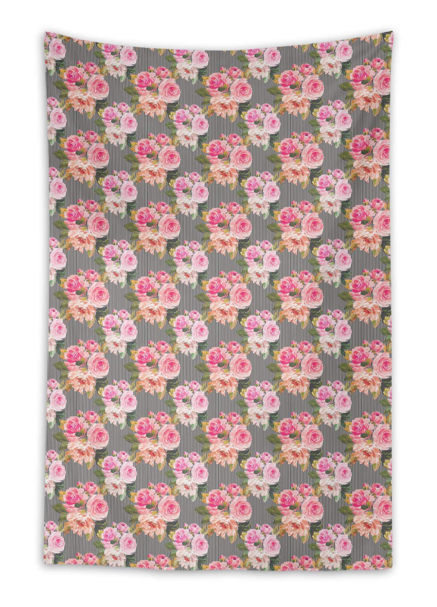 Gray Stripe & Ranunculus Floral Printed Indian Tapestry Wall Hanging Decor - 58 x 80 Inches - Boho Chic Living Room, Bedroom, Dorm, or Outdoor Wall Art
