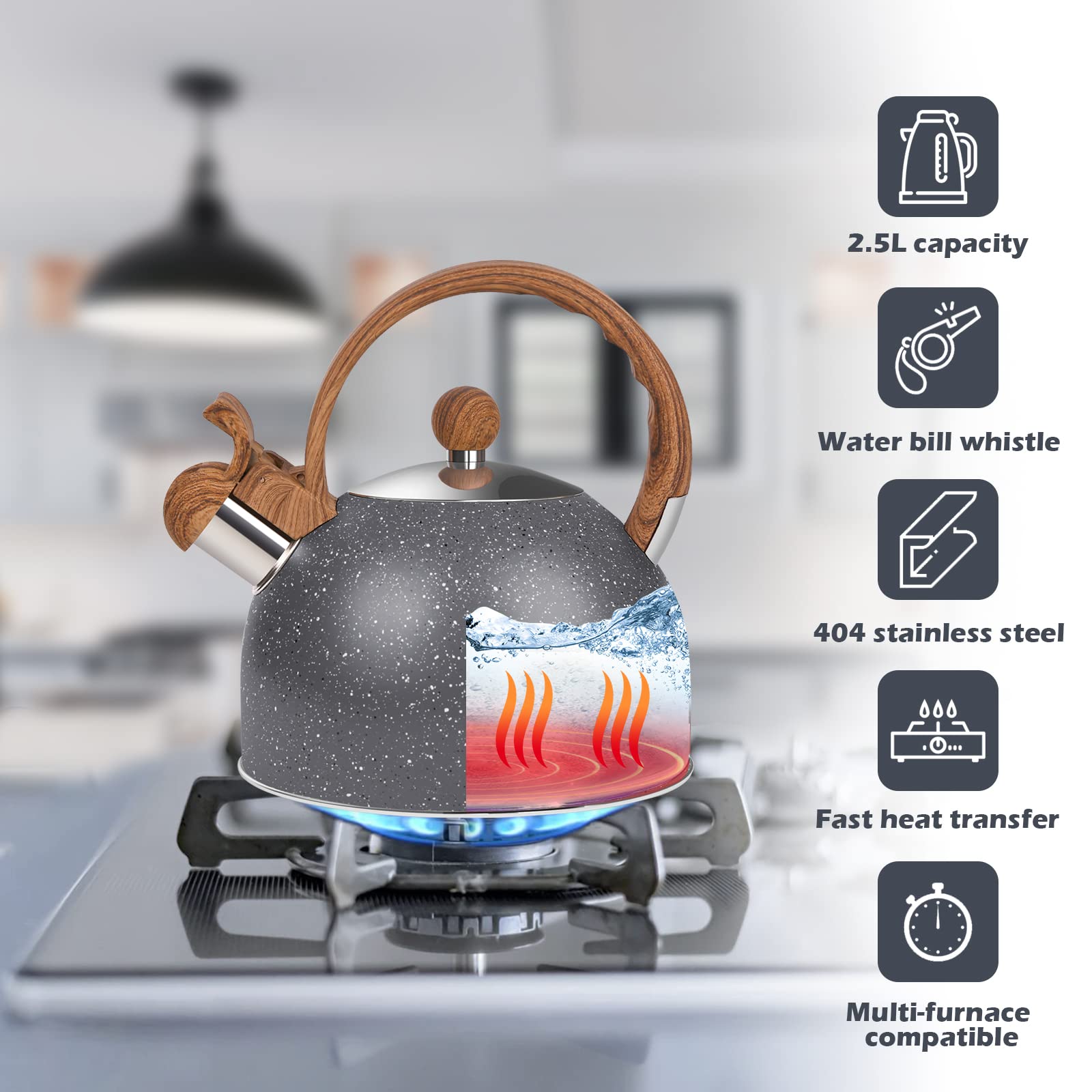 Premium 2.6 Quart Stainless Steel Whistling Tea Kettle for Gas & Induction Stovetops - Loud Whistle Alert, Durable Stone Coated Water Boiler for Tea, Coffee & Milk (Grey) - Ideal for Home Kitchen, Office & Camping Use