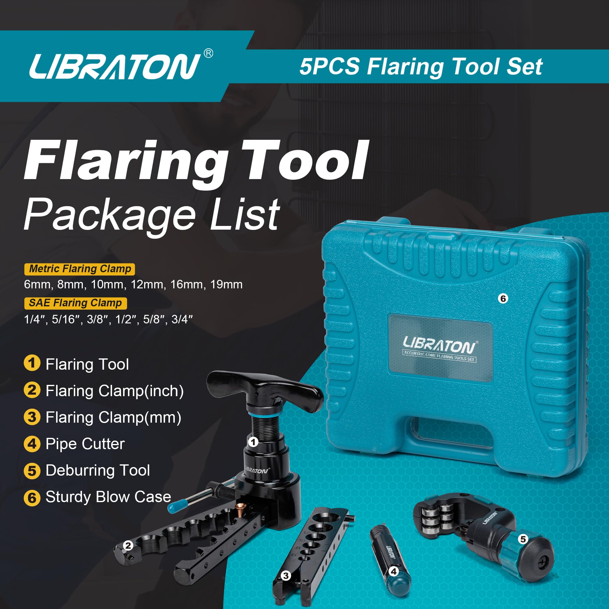 LIBRATON HVAC Flaring Tool Kit - 45° Eccentric Single Flare Tool for 1/4''-3/4'' & 6-19mm Copper Pipes - Includes Pipe Cutter & Deburring Tool for Copper/Aluminum Pipes - Perfect for HVAC Installation, Plumbing & Auto AC Repair