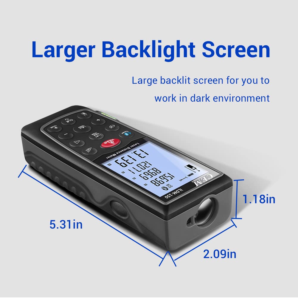 Premium CEM Laser Distance Measure with Bluetooth - 229ft Range, IP54 Waterproof Laser Measuring Tool for Pythagorean, Angle, Area & Volume Calculations | Min/Max Function, M/In/Ft Unit Switch | Includes Batteries, Tripod Thread & Backlight - Perfect for Construction, DIY Projects & Home Renovation