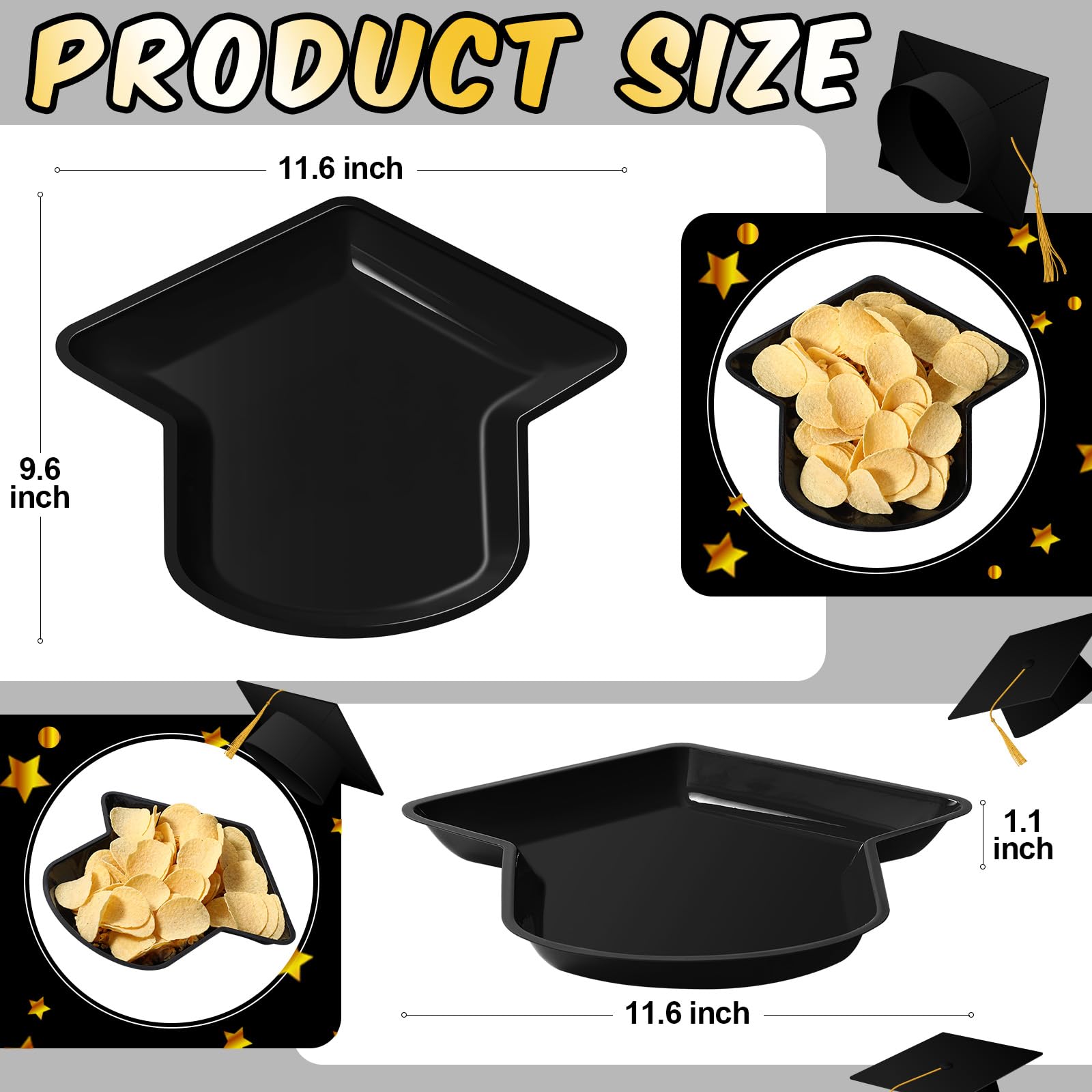 24-Pack Graduation Party Plates - Black Grad Hat Shaped Disposable Plates (11.6