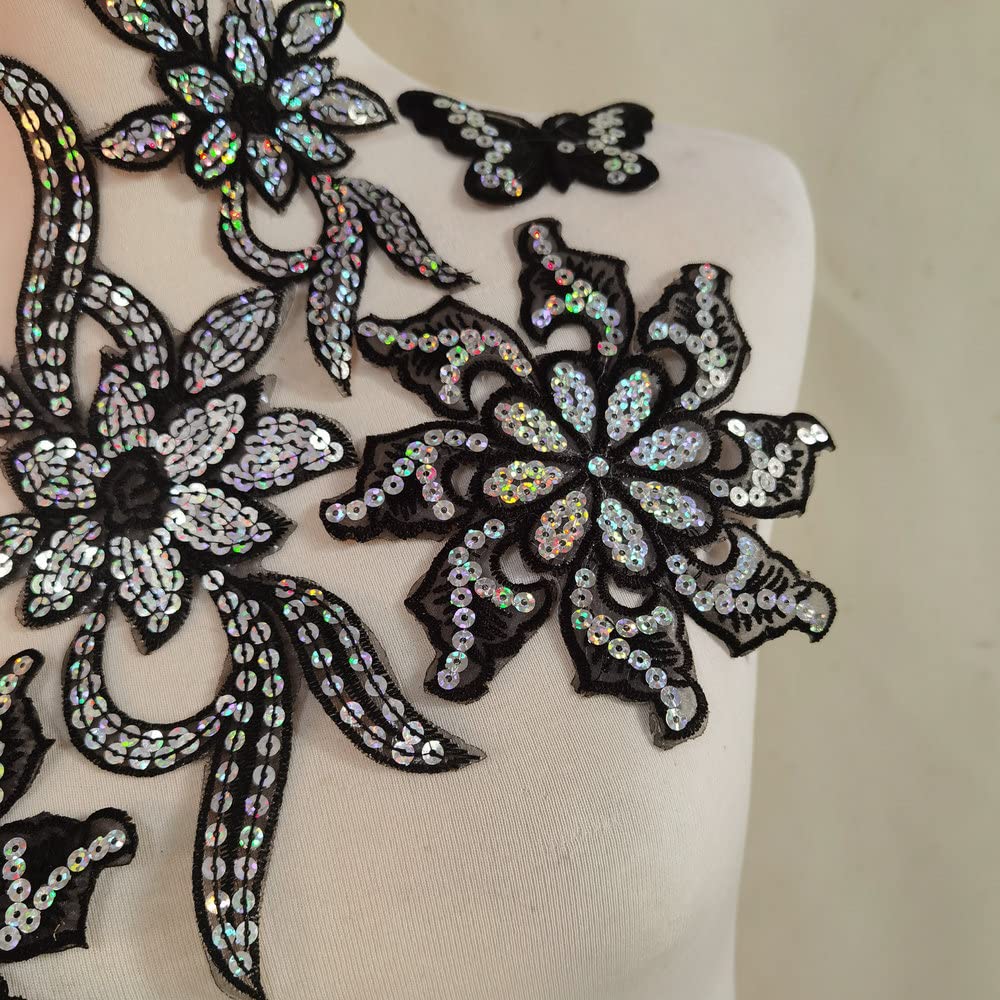 Flower Embroidery Iron On Patch with Sequin & Beaded Design - Black Embroidered Applique for Jackets, Jeans, Bags & DIY Clothing Customization | Perfect for Denim Jackets, Backpacks & Fashion Upcycling