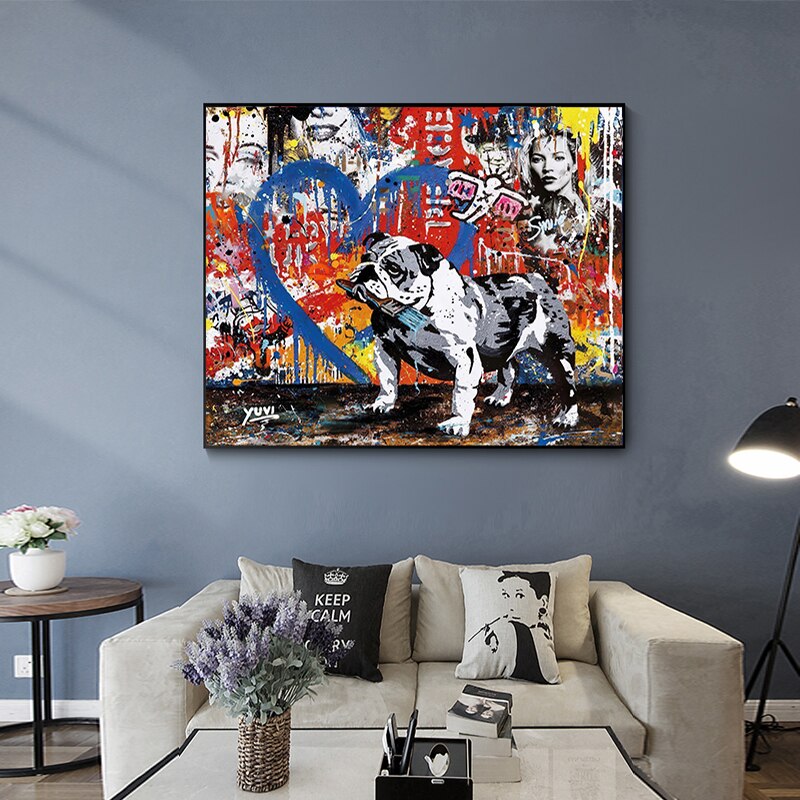 Urban Street Graffiti Art Dog Canvas Wall Painting - Modern Home Decor for Living Room, Bedroom & Office