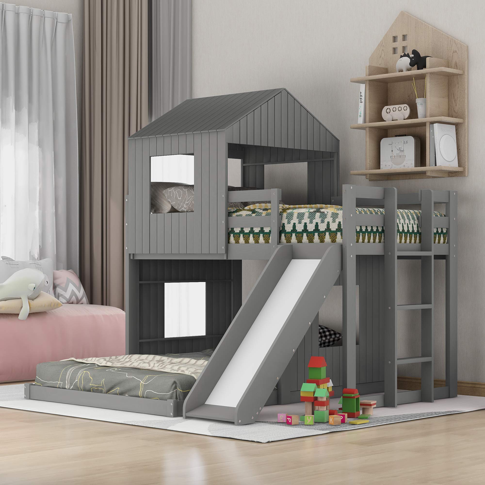 Quarte Twin Over Full Bunk Bed with Slide & Ladder - Solid Wood Loft Bed Frame with Playhouse, Farmhouse Design & Safety Guardrails - Perfect for Teens, Kids, Toddlers, Boys & Girls (Gray-9) - Ideal for Small Bedrooms, Kids' Rooms & Shared Spaces