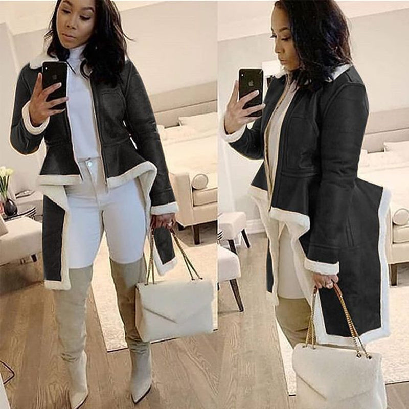Stylish Lambskin Coat with Asymmetrical Hem - Trendy Winter Outerwear for Women | Perfect for Casual Outings & Evening Events